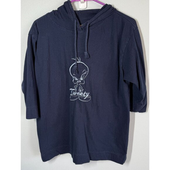 VTG Looney Tunes Embroided Tweety Hooded Sweatshirt Women L Navy Blue 1/4 Sleeve - Picture 1 of 10